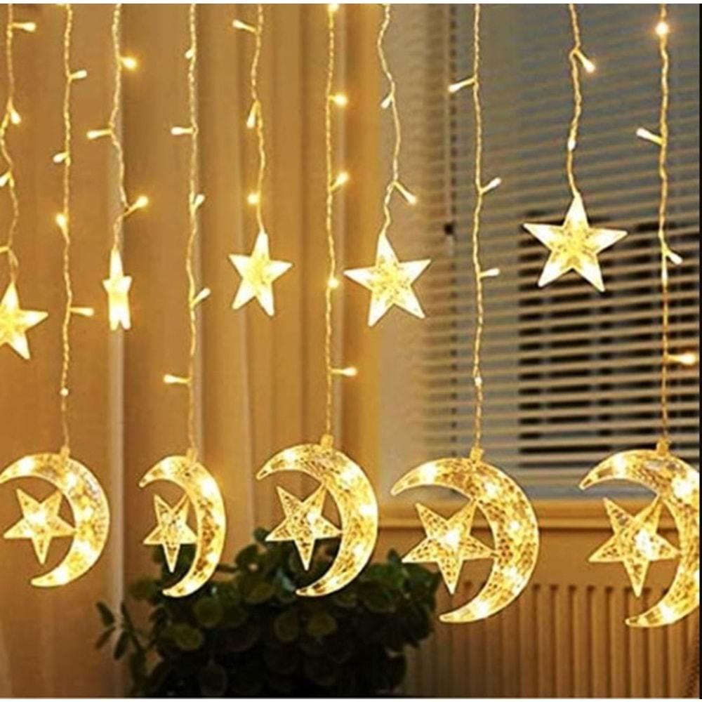 Rewel Aylı Perde Led Işıklar Animasyonlu Fişli Sarkıt Dekoratif AyYıldız Saçaklı Led Kumandalı Perde Led 313070