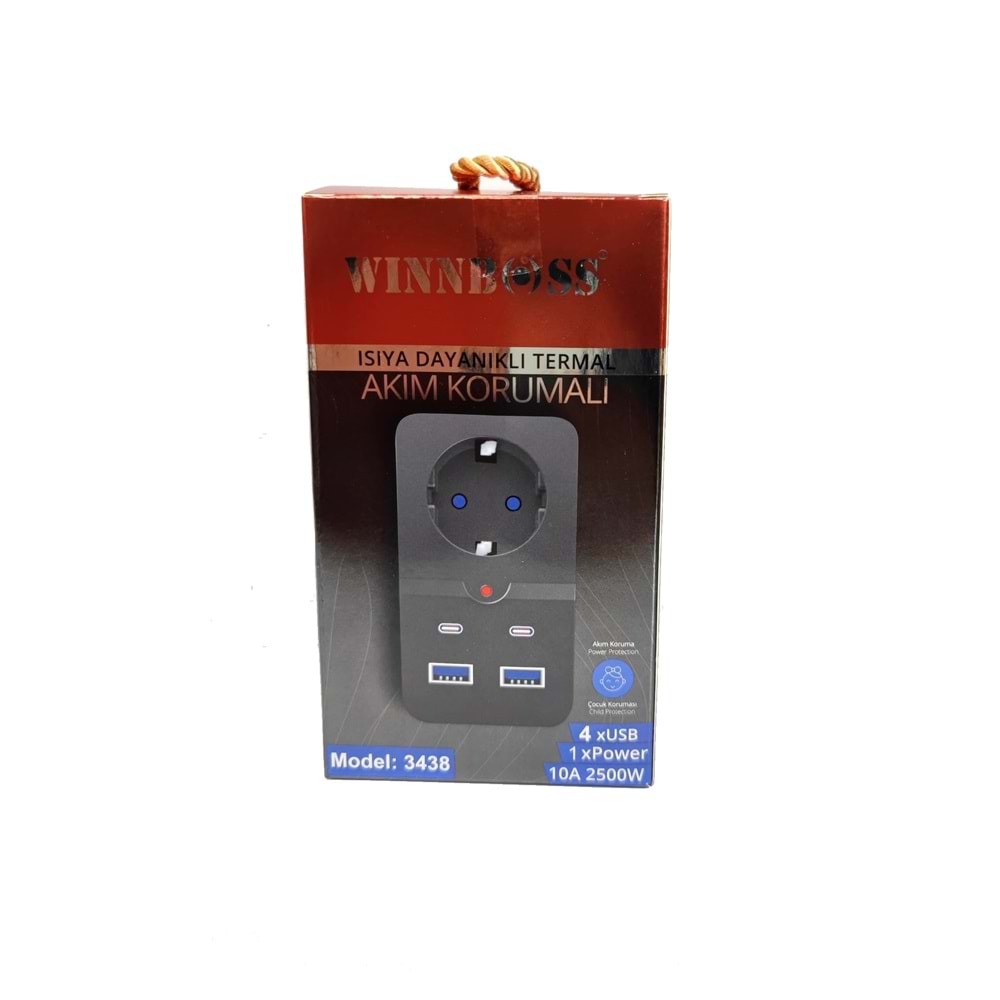 Winnboss Isıya Dayanıklı Termal Akım Korumalı Priz 4x Usb+2 Type 1x Power 10A 2500W (3438) 323062