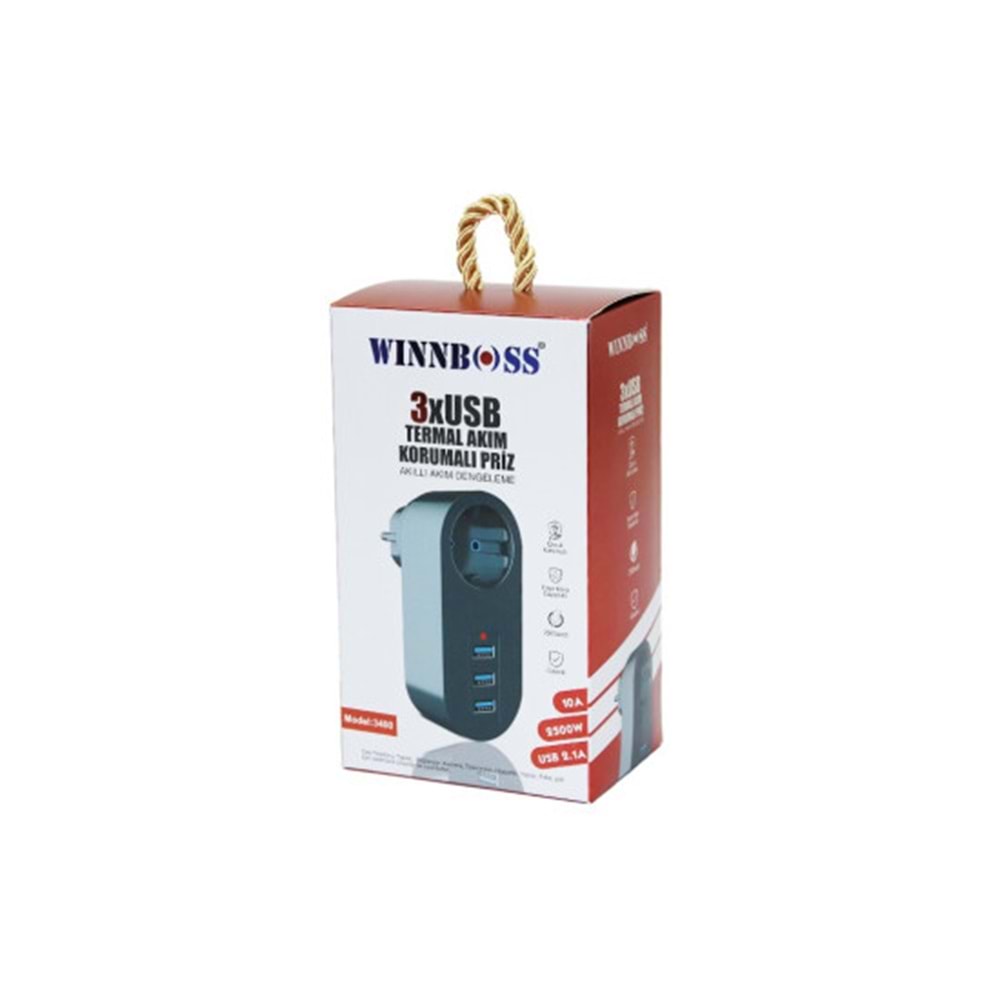 Winnboss-3400 Siyah Termal Akım Korumalı 1 priz 3 usb Duvar Tipi Priz 10a & 2500w 323082