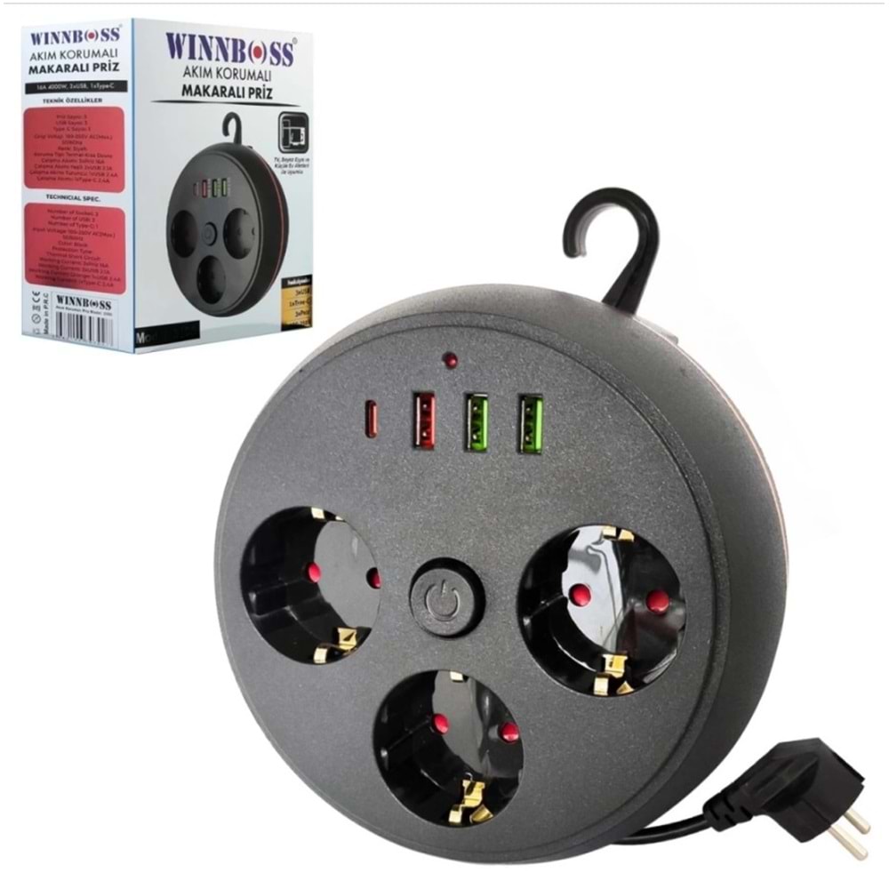 Wınnboss WN-3395 3lü Akım Korumalı Priz Makaralı Anahtarlı 16A 4000 Watt 3xusb 1xtype-C 323083