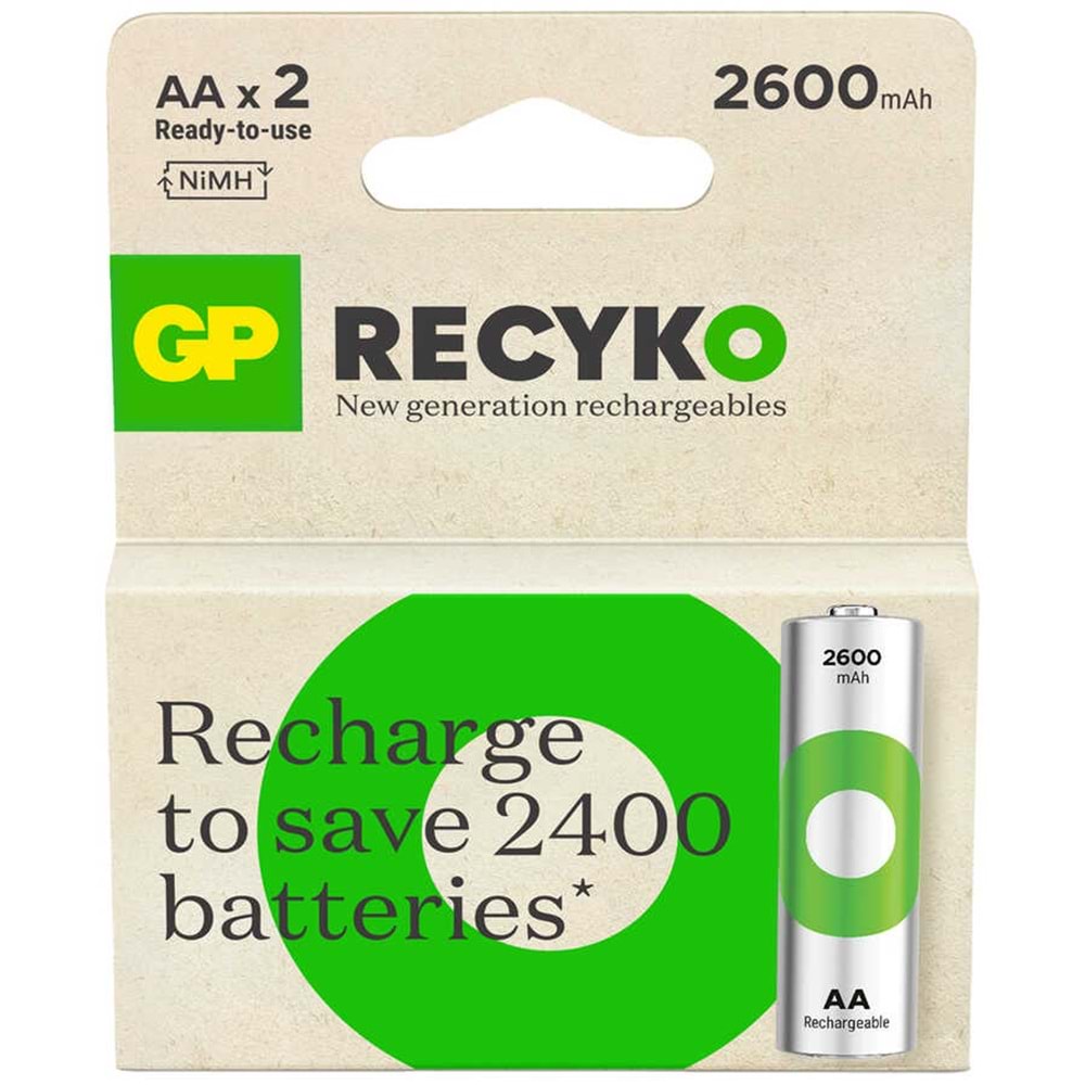 GP Batteries ReCyko 2600 mah AA Kalem Ni-Mh Şarjlı Pil, 1.2 Volt, 2'li Kart