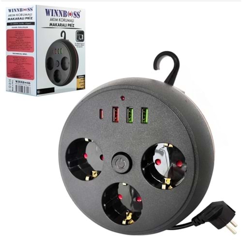 Wınnboss WN-3395 3lü Akım Korumalı Priz Makaralı Anahtarlı 16A 4000 Watt 3xusb 1xtype-C 323083