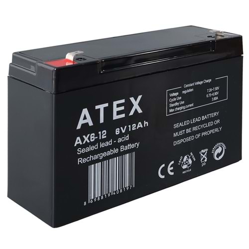 Atex Ax6-12 6 Volt - 12 Amper Kuru Akülü Oyuncak Araba Aküsü Bakımsız (150 X 50 X 94 Mm) 663057